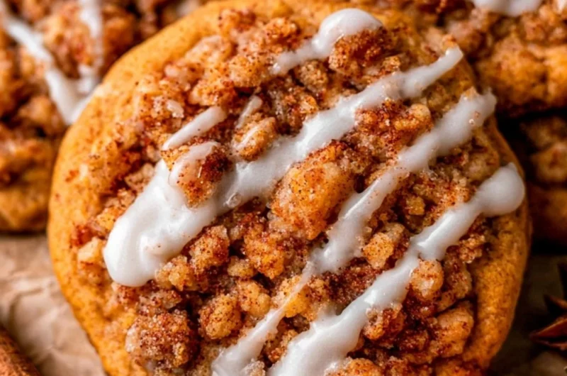 Plate of freshly baked pumpkin coffee cake cookies with icing on top.