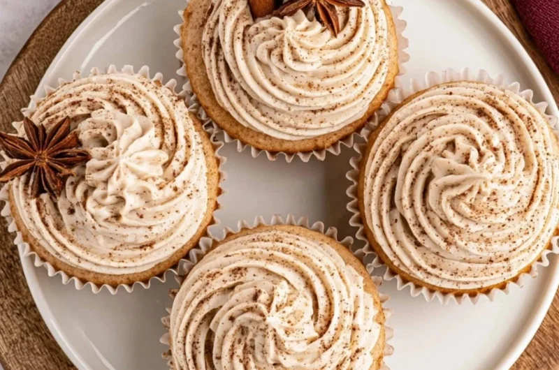 Spiced chai latte cupcakes topped with cream and spices